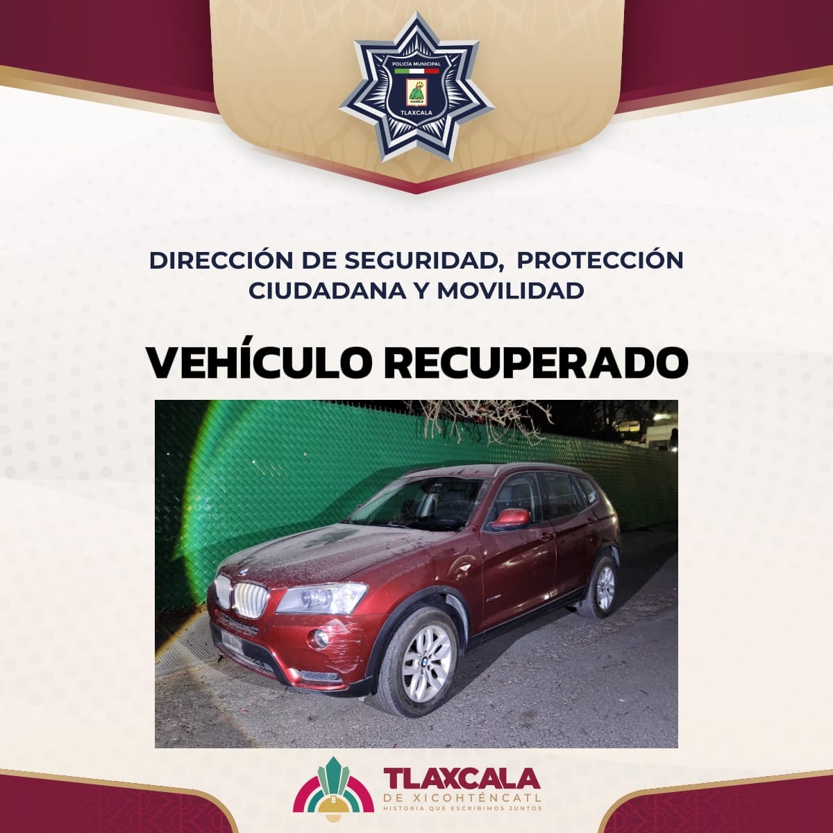 Recupera Policía Municipal de Tlaxcala vehículo de alta gama con reporte de robo